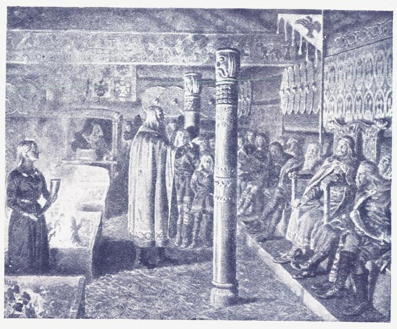Skalden kveder. (Tegning for Lødøens Norgeshistorie av A. Bloch).