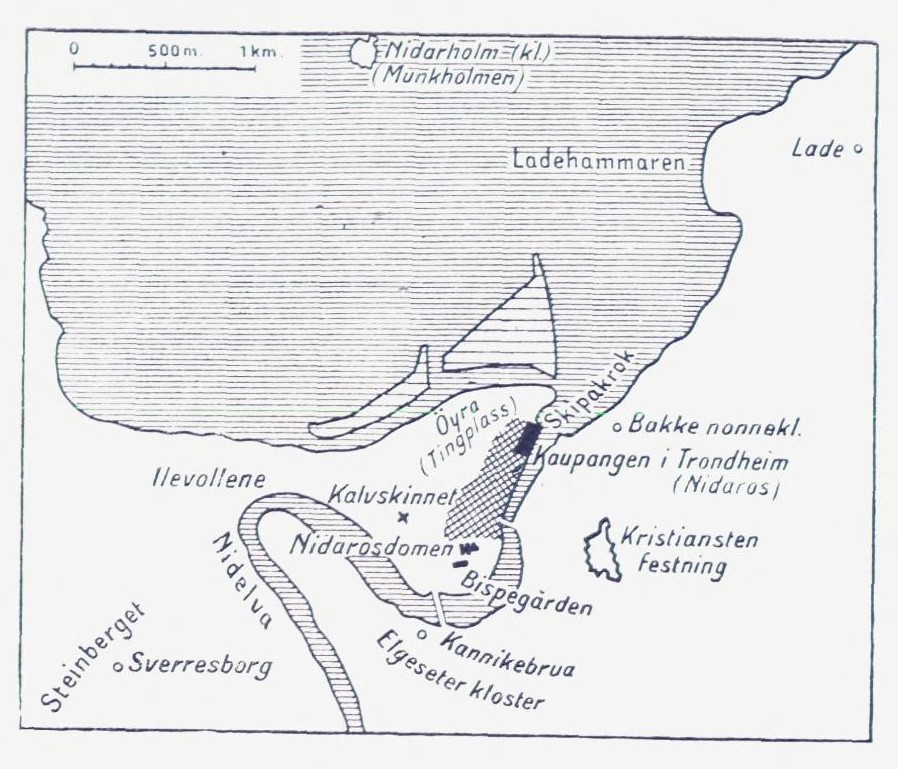 Nidaros. Det første anlegg. Byen ved år 1200.