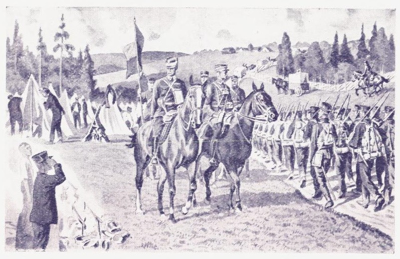 Fra en feltmanøvre. Feltkjøkken. Leirslagning (merk geværkoblingen). General (med generalsmerke), oberst, to kapteiner. Et kompani med full pakning. I bakgrunnen: trenvogner, en sanitets-(ɔ: syke)vogn m. m.