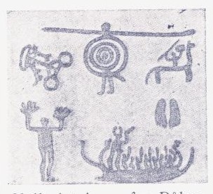 Helleristninger fra Båhuslen (bronsealderen). 1. Vogn med to hester for. 2. Kriger. 3. Rytter. Helleristninger finnes i Norge like til Nordland.