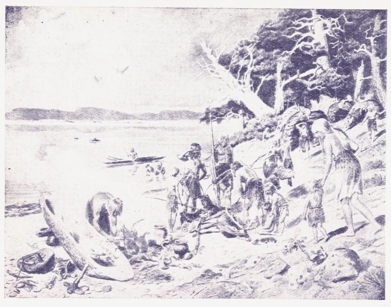 Fra den eldre stenalder, ved Oslofjorden. Ildtøi; endene av trepinnen blev satt mellem to trestykker, og så dreiet de trepinnen rundt med buen. Slipesten. Stenkniv og stenøkser. En båt blir uthulet med ild. Leirpotter til å koke i. Gruppe rundt et drept dyr. Hytter. Ved stranden ser vi skjell-sankere, en mann i båt, to niser. (Tegn. for Lødøens Norges-historie av A. Bloch.)