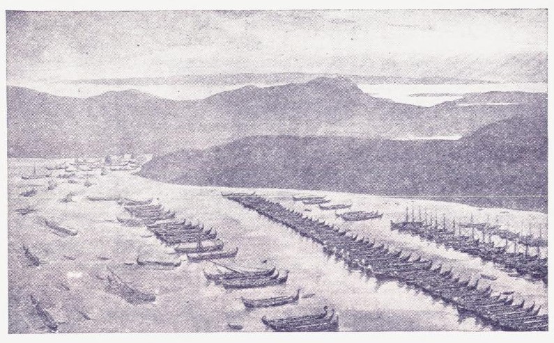 I Havsfjord. Harald Hårfagres flåte ligger og venter, mens småkongene seiler inn og ordner sig til slag. (Tegn. av A. Bloch.)