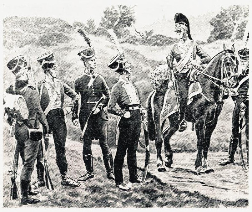 Fra Norges hær i 1814: 1. Soldat. 2 og 4. Korporal og kaptein. 3. Premierløitnant. 5. Stafett (ɔ: melderytter). 6. Premierløitnant.