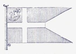 Norges krigsflagg i 1814 (et hvitt kors på rød grunn, med Norges løve). Handelsflagget likedan, uten splitt.