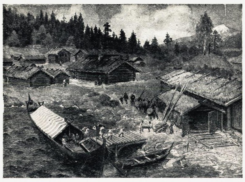 En norsk bondegård ved 800: Hjemkomst fra vikingferd. (Tegning for Lødøens Norgeshistorie av A. Bloch.)