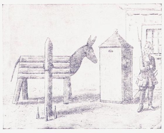 Gapestokk, avskaffet 1842. De som blev satt på tremerra, fikk ofte blykuler hengt om benene. Grenadér holder vakt (i rød kjole, blå bukser og hoser).