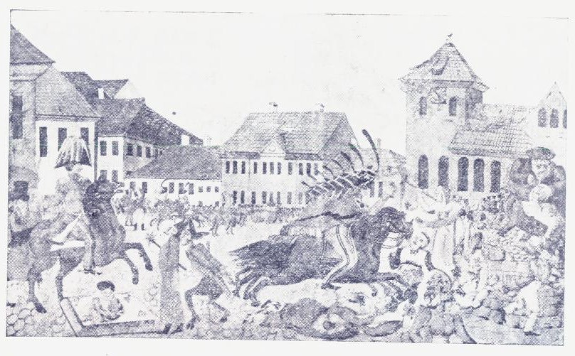 Torvslaget i Oslo 1829. Efter en samtidig karikatur (av Wergeland).