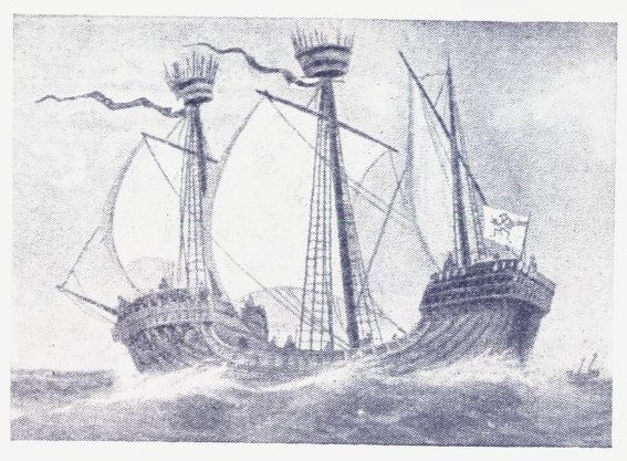 Hanse-kogge.
(Legg merke til de spyd-væbnede krigere i mastene).