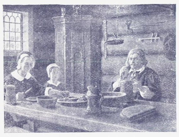 Måltid 1650 (flatbrød, smør, melkeringer; klubb og »fett«, kjøtt og flesk, ølkrus). Timeglass og lysestake. Tranlampe, Primstav med innskårne merker for hver dag i året (et slags almanakk) m. m.