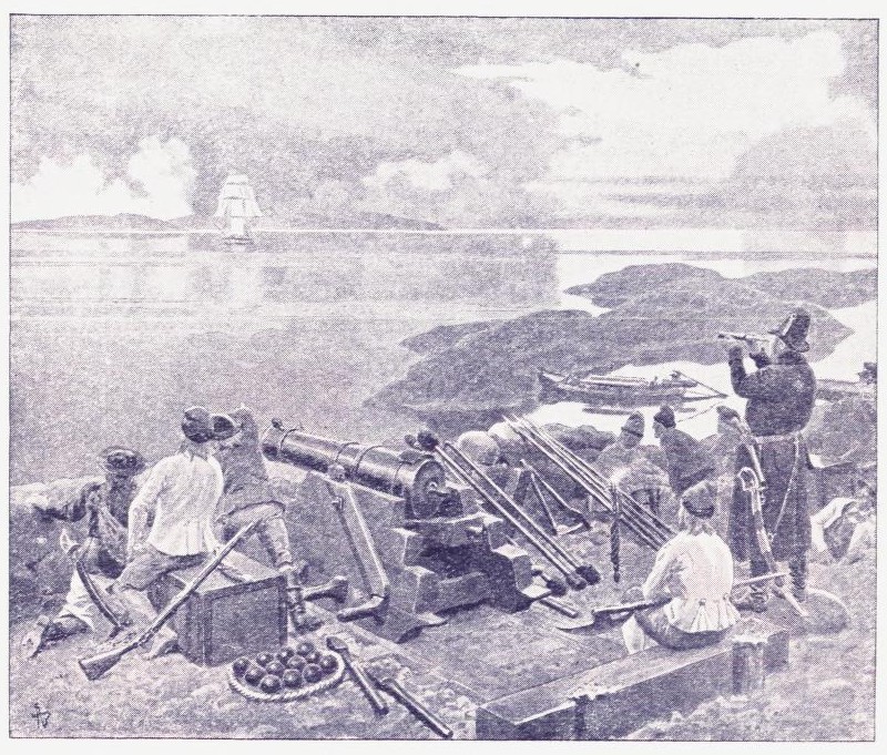 Skanse. Kanon-jolle (en kanon i bakstavnen og en mindre i forstavnen, 5—10 par årer, i vind to korte master med råseil).