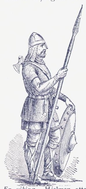 En viking. Hjelmen ofte forgylt. Skjoldet av sterke trebord, som blev holdt sammen med jernbeslag; innvendig et håndtak. Brynjen (utenpå kjortelen) av stålringer.